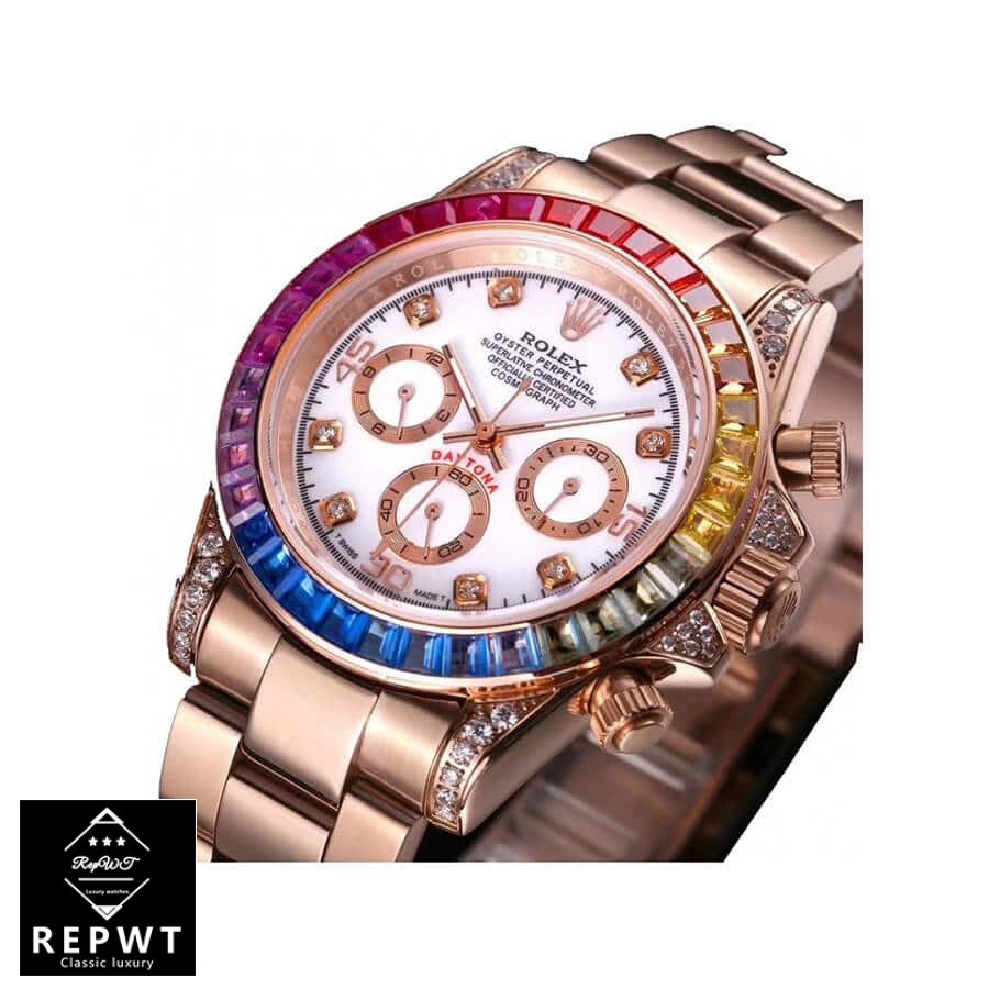 Rolex-Daytona-Cosmograph-Rainbow-Crystals-Bezel-Replica-Left Rolex-Daytona-Cosmograph-Rainbow-Crystals-Bezel-Replica-Left